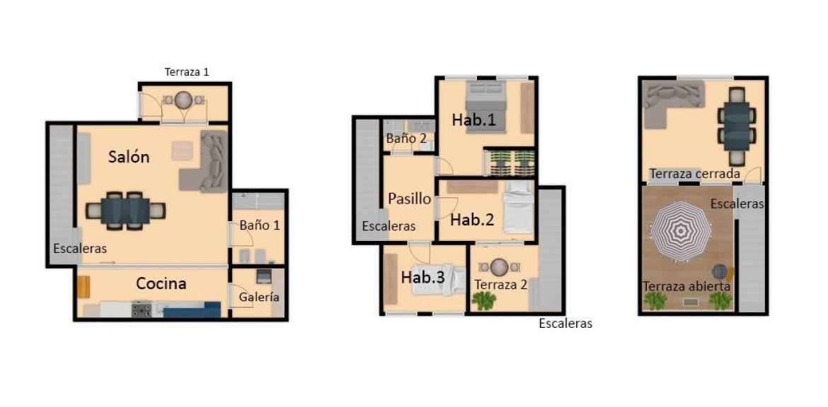 Bungalow con terraza privativa, piscina comunitaria, garaje, tres habitaciones en granja de rocamora